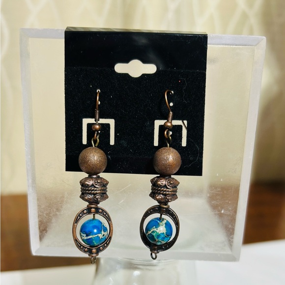 Hand Crafted Elegant Copper and Blue Globe Like Dangle Earrings - Picture 3 of 3